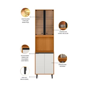 Paneleiro Poliman Ravena 4 Portas com Vidro Iluminação LED Nicho Micro-ondas Pés Reguláveis MDP Freijó Off White Acetinado - 2