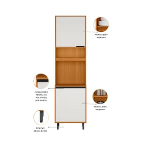 Paneleiro Duplo Poliman Ravena 2 Portas Nicho Micro-ondas Prateleiras Internas Puxadores Preto Pés Reguláveis MDP Freijó Off White Acetinado - 2