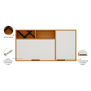 Armário Aéreo Poliman Ravena 2 Portas 120cm Adega Garrafeiro Pistão a Gás Puxadores Preto MDP Freijó Off White Acetinado - 2