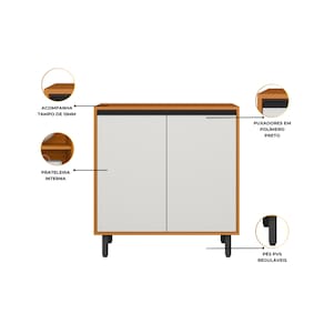 Balcão Poliman Ravena 80cm 2 Portas Tampo 15mm Puxadores Pretos Prateleira Removível Freijó Off White Acetinado - 2