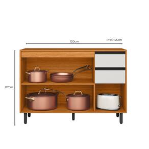 Balcão Poliman Ravena 120cm 3 Portas 2 Gavetas Tampo 15mm Puxadores Pretos Freijó Off White Acetinado - 3