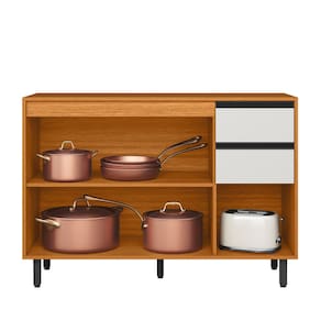 Balcão Poliman Ravena 120cm 3 Portas 2 Gavetas Tampo 15mm Puxadores Pretos Freijó Off White Acetinado - 1