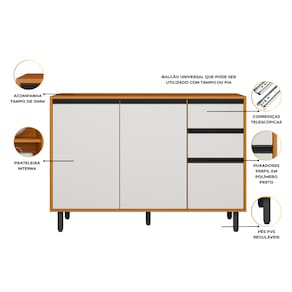 Balcão Poliman Ravena 120cm 3 Portas 2 Gavetas Tampo 15mm Puxadores Pretos Freijó Off White Acetinado - 2