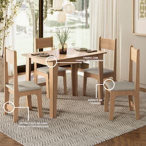 Conjunto de Mesa Sonetto Delta 110cm Tampo Mel Arredondado 4 Cadeiras Assento Revestido em Courino Design Moderno Seguro - MEL/SAVANA - 1