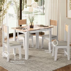 Mesa de Jantar com 4 Cadeiras Sonetto Delta 110cm Tampo Mel Arredondado Assento Revestido em Courino - BRANCO/MEL/SAVANA - 1