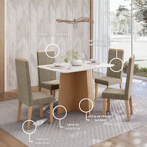 Conjunto de Mesa Sonetto Isa 120cm 4 Cadeiras Tampo de Vidro Veludo Estofado Design Moderno Sofisticado Mel Off White Caramelo - 1