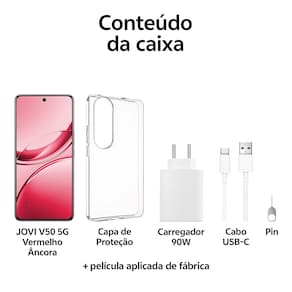 Smartphone JOVI V50 5G Vermelho Âncora 512GB, 12GB RAM, Snapdragon 7 Gen3, Tela 6.77” Amoled 120Hz, Câmera Dupla 50MP, Android 15 e IP69