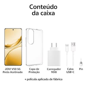 Smartphone JOVI V50 5G Preto Acetinado 512GB, 12GB RAM, Snapdragon 7 Gen3, Tela 6.77” AMOLED 120Hz, Câmera Dupla 50MP, Android 15 e IP69