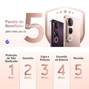 Smartphone JOVI V50 Lite 5G Preto Eclipse 256GB, 8GB RAM, Dimensity 6300, Tela AMOLED 6.77" 120Hz, Câmera Traseira 50MP, Android 15 e IP65