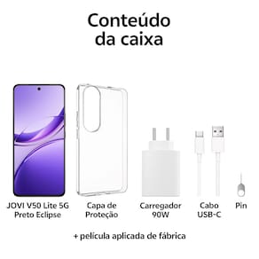 Smartphone JOVI V50 Lite 5G Preto Eclipse 256GB, 8GB RAM, Dimensity 6300, Tela AMOLED 6.77" 120Hz, Câmera Traseira 50MP, Android 15 e IP65