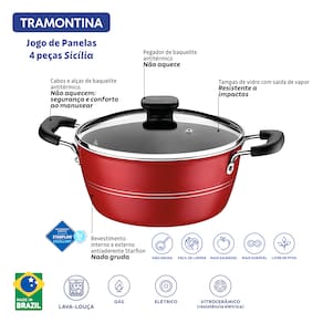 Jogo de Panelas Tramontina Sicília em Alumínio com Revestimento Interno e Externo Antiaderente Starflon Excellent Vermelho – 4 Peças - 1