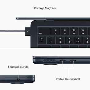 Apple MacBook Air de 13" (Meia-noite, Chip M2 com CPU 8 núcleos, GPU 8 núcleos e Neural Engine de 16 núcleos, Memória unificada 16 GB, SSD de 256 GB)