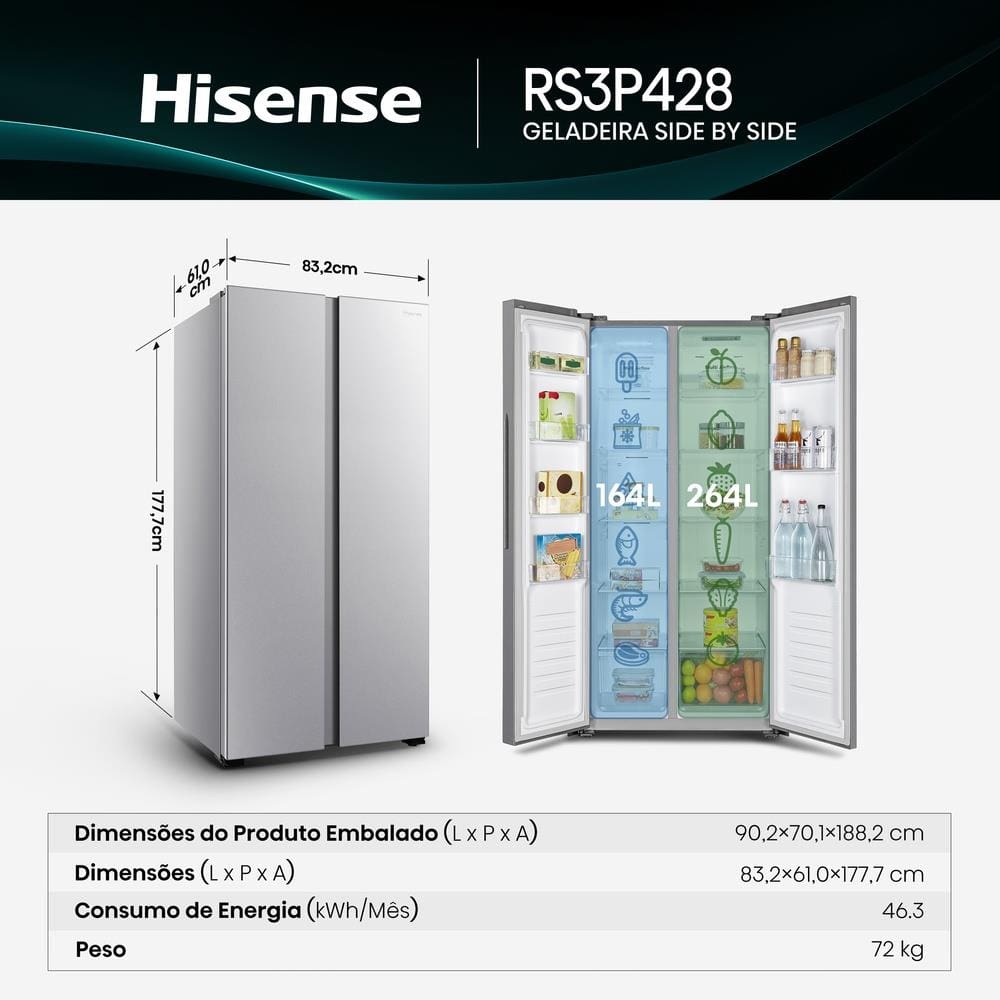 Geladeira 428L Hisense RS3P428 Side by Side Inverter Frost Free