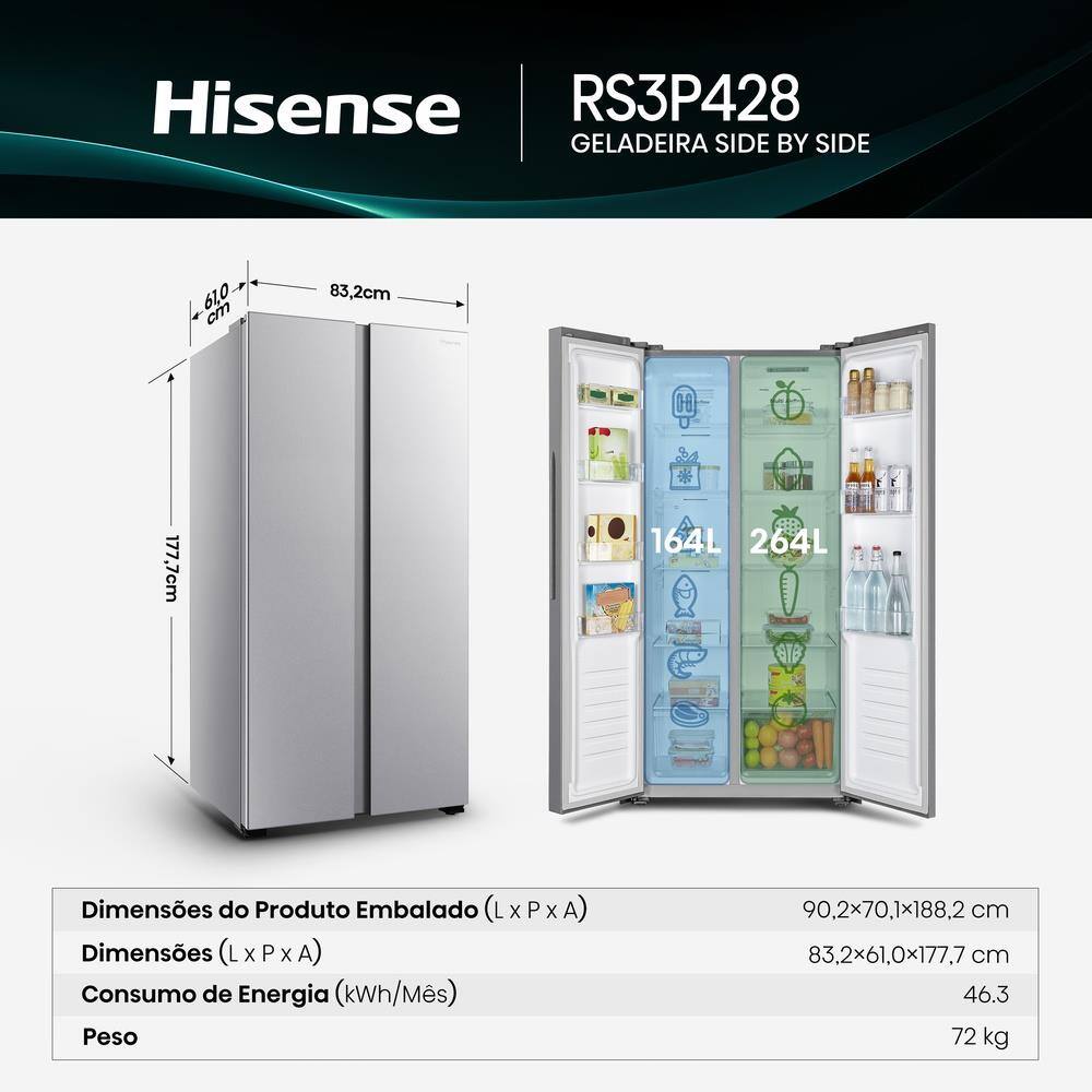Geladeira 428L Hisense RS3P428 Side by Side Inverter Frost Free
