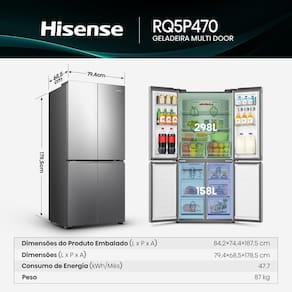 Geladeira 456L Hisense RQ5P470 Side By Side Multi Door Inverter Wi-Fi Metal Cooling Prateleiras de Vidro Inox