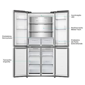Geladeira 456L Hisense RQ5P470 Side By Side Multi Door Inverter Wi-Fi Metal Cooling Prateleiras de Vidro Inox
