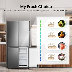 Geladeira 456L Hisense RQ5P470 Side By Side Multi Door Inverter Wi-Fi Metal Cooling Prateleiras de Vidro Inox