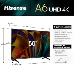 Smart TV 50” Hisense 50A6N DLED 4K UHD HDR10+ Dolby Vision Controle por Voz Alexa AirPlay - 1