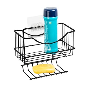 Porta Shampoo com Saboneteira Utimil Preto Brilhante Adesivo PVC 16x19,5x11cm Suporta 3kg - 1