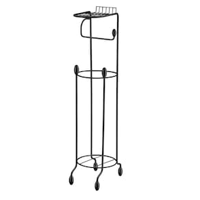 Suporte Papel Higiênico de Chão com Prateleira Utimil 55069776 Preto Brilhante 3 Rolos Compacto Funcional