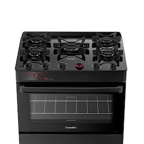 Fogão Esmaltec IDEAL Top Glass T5VAP Preto 5 Bocas com Mesa de Vidro e Acendimento Automático Forno 84L – Bivolt
