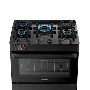 Fogão Esmaltec IDEAL Top Glass T5VAP Preto 5 Bocas com Mesa de Vidro e Acendimento Automático Forno 84L – Bivolt