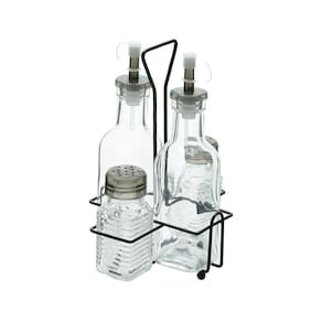 Conjunto Galheteiro de Vidro Lyor 4 Peças com Suporte de Metal Preto Frascos 200ml e 80ml - CONJ 4PCS GALHEREIRO C/SUP 200ML/80ML LYOR - 1