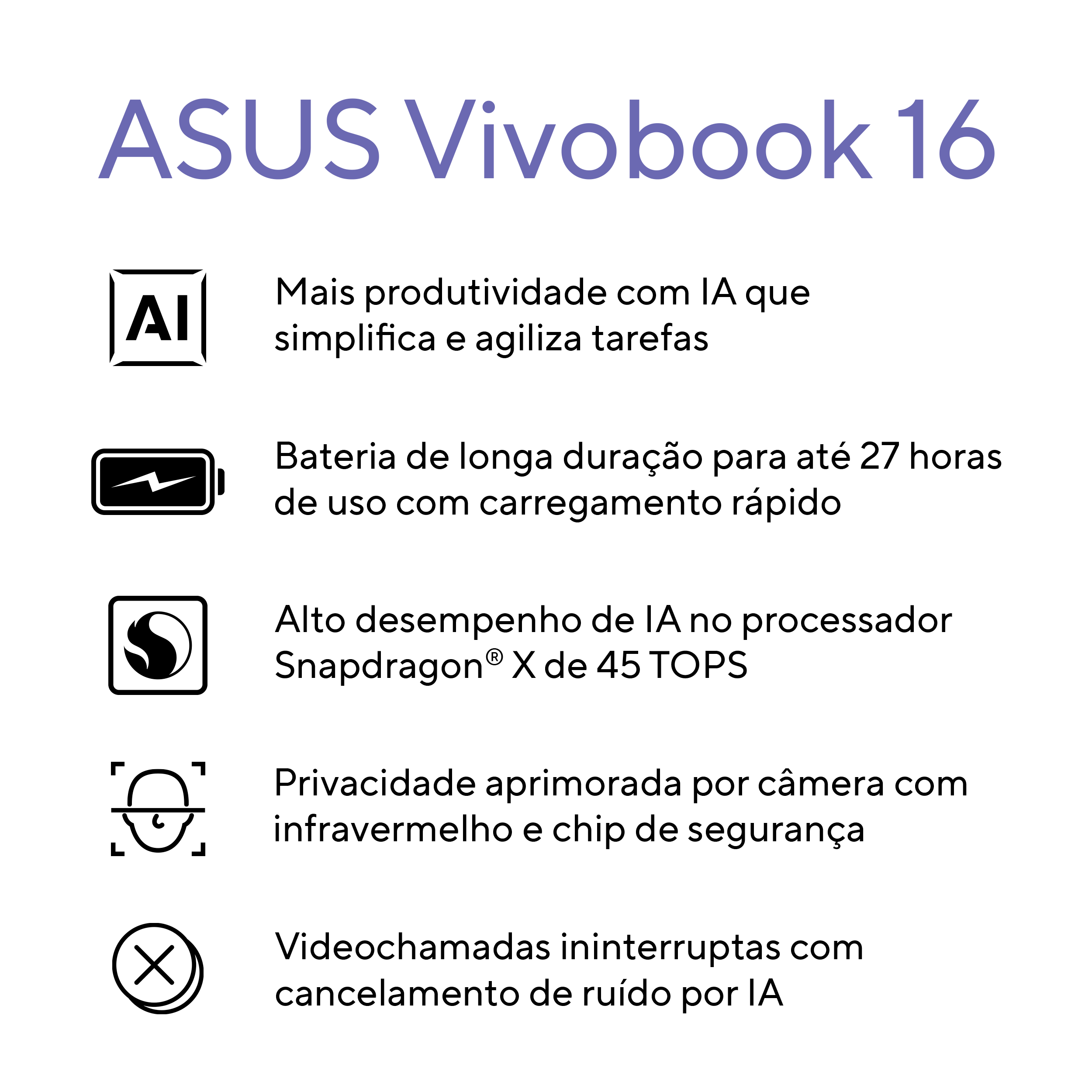 Notebook ASUS Snapdragon X1 16GB RAM 1TB SSD Tela 16" Windows 11 - Vivobook 16 X1607QA - 1