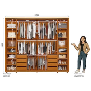 Guarda-Roupa Casal Madetec Dalí Com Espelhos 2 Portas de Correr 8 Gavetas Cabideiro Extensível Escada Retrátil