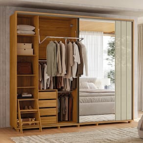 Guarda-Roupa Casal Madetec Dalí Com Espelhos 2 Portas de Correr 8 Gavetas Cabideiro Extensível Escada Retrátil