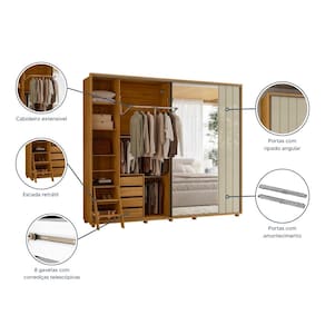Guarda-Roupa Casal Madetec Dalí Com Espelhos 2 Portas de Correr 8 Gavetas Cabideiro Extensível Escada Retrátil