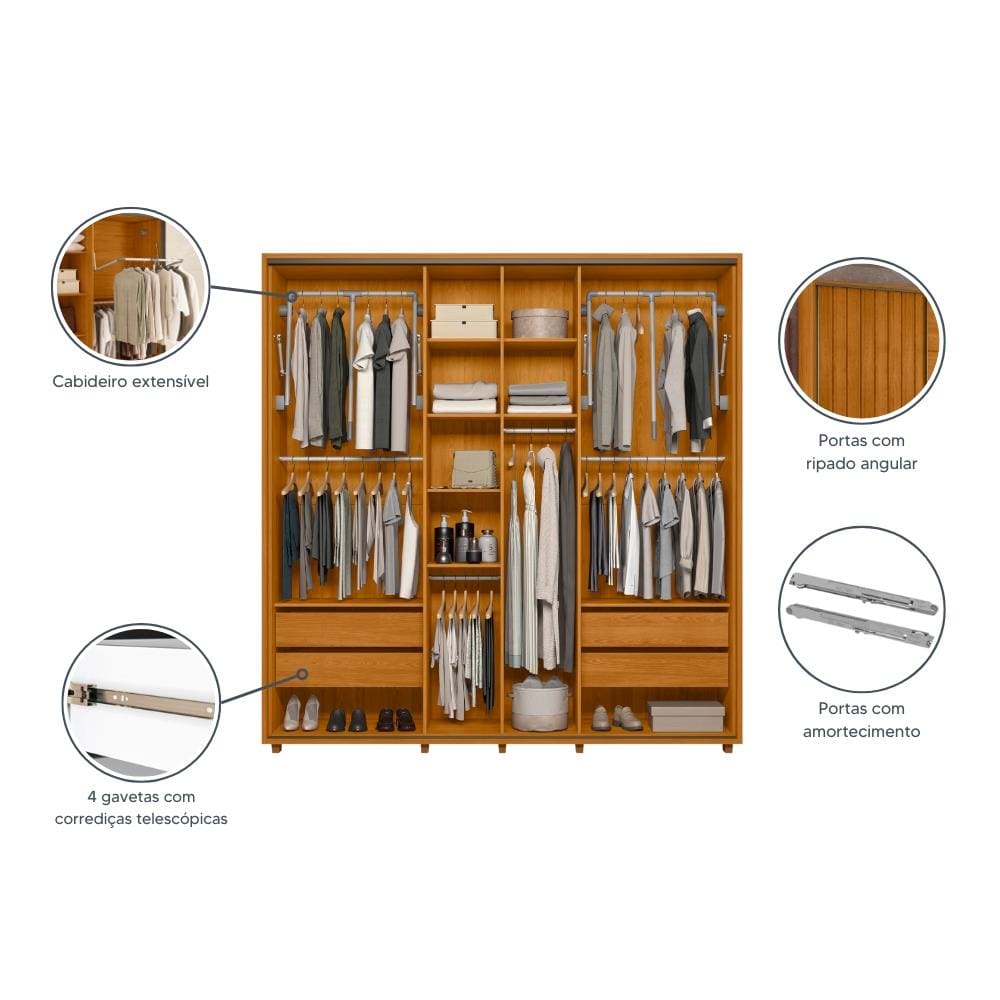 Guarda-Roupa Casal Madetec Monet 2 Portas Correr Ripado Amortecimento Cabideiro Extensível 4 Gavetas - CINAMOMO - 3