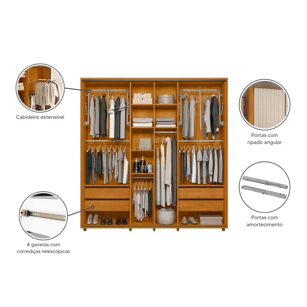 Guarda-Roupa Casal Madetec Monet 2 Portas Correr Ripado Amortecimento Cabideiro Extensível 4 Gavetas - CINAMOMO/OFF WHITE - 3