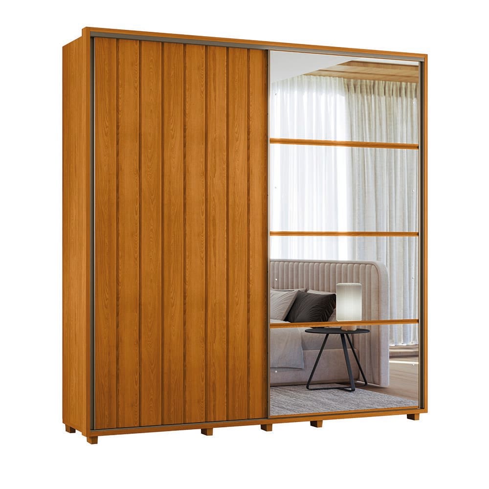 Guarda-Roupa Casal Madetec Monet Com Espelhos 2 Portas Correr Ripado Amortecimento Cabideiro Extensível 4 Gavetas - Cinamomo - 1