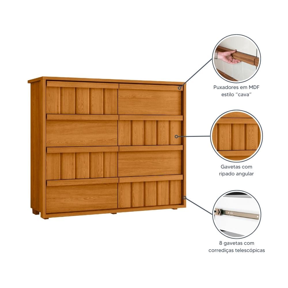 Cômoda 8 Gavetas Madetec Tarsila Corrediça Telescópica Ripado Angular Design Moderno - Cinamomo - 2