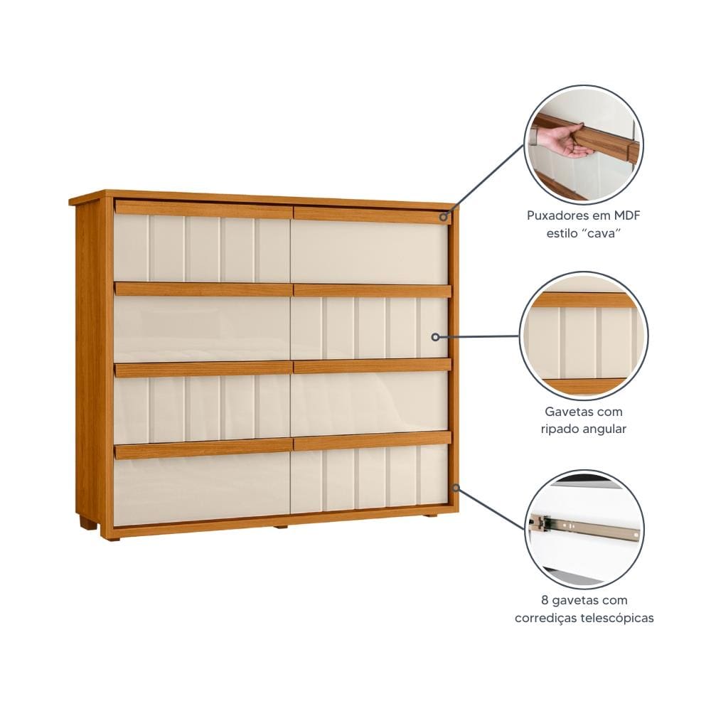Cômoda 8 Gavetas Madetec Tarsila Corrediça Telescópica Ripado Angular Design Moderno - Cinamomo/Off White - 2