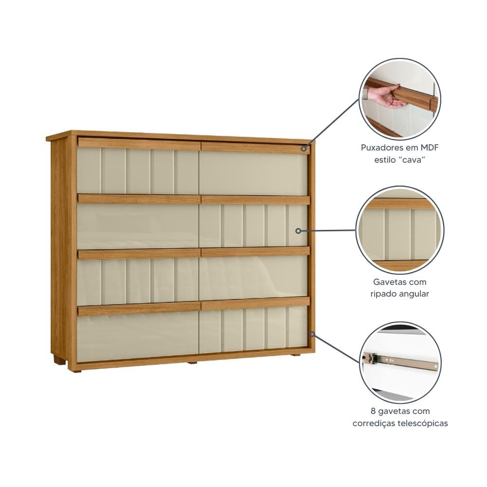 Cômoda 8 Gavetas Madetec Tarsila Corrediça Telescópica Ripado Angular Design Moderno - Cumaru/Opala - 2