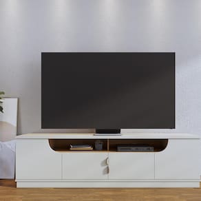 Rack Bancada para TV até 75” Santorini 2.0 4 Portas 2 Nichos Tampo 25mm Puxador Dourado Fosco - OFF WHITE MATTE/FREIJÓ - 1