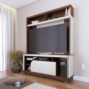 Estante para até TV 65" Colibri Belaya 2 Portas Divisórias Inteligentes Passa Fio Tampo e Base Curvos - NOGUEIRA REAL/OFFWHTE MATTE - 1