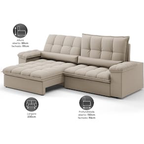 Sofá Retrátil 4 Lugares DDS Sofá Sideral 230cm Molas Bonnel Velosuede Encosto Reclinável Braço Removível - BEGE - 1