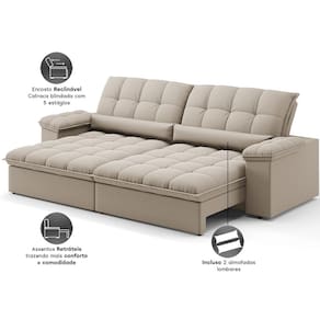 Sofá Retrátil 4 Lugares DDS Sofá Sideral 230cm Molas Bonnel Velosuede Encosto Reclinável Braço Removível - BEGE - 3