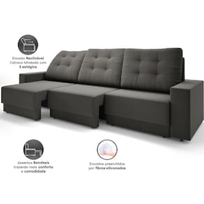 Sofá Retrátil 4 Lugares DDS Boston 230cm Velosuede Encosto Reclinável Braço Removível - CHUMBO - 3