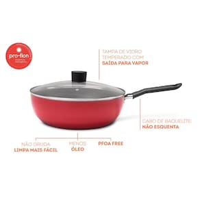 Panela Wok Brinox Garlic Antiaderente Pro-Flon 4,1L 28cm Tampa de Vidro Vermelha - 1