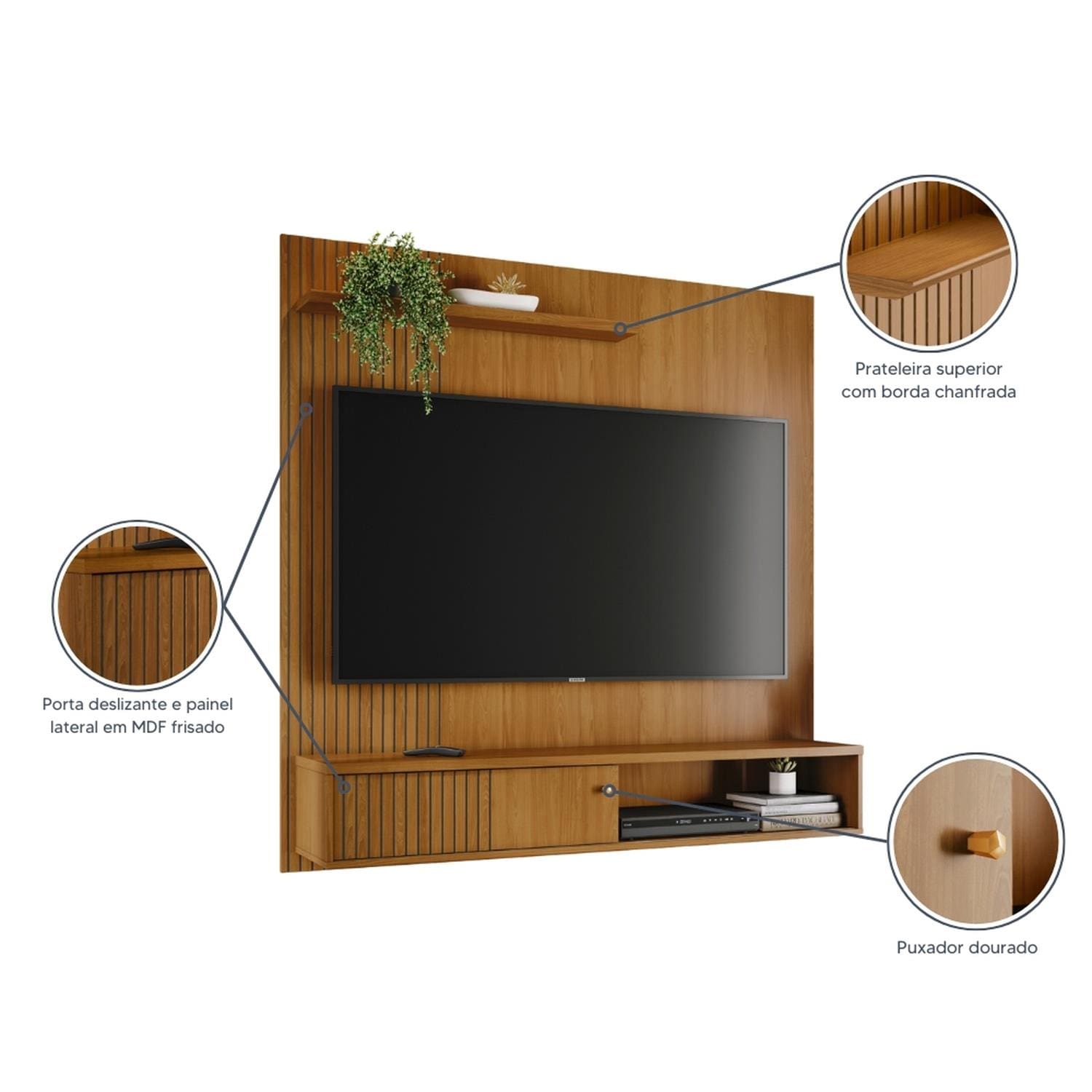 Painel Suspenso para TV Madetec Aurora 160cm Ripado Porta Deslizante - Cumaru - 3