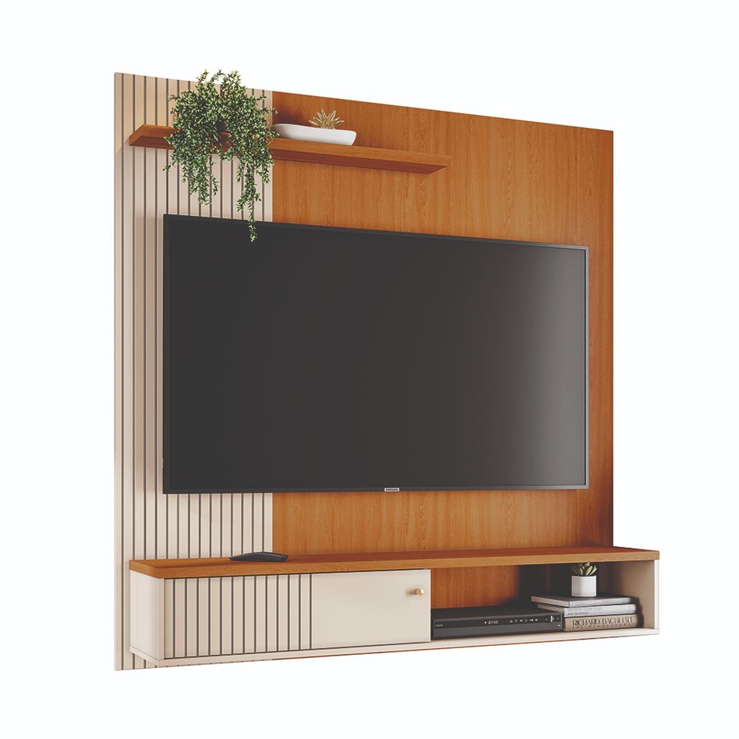 Painel Suspenso para TV Madetec Aurora 160cm Ripado Porta Deslizante - Cinamono/Off White - 1