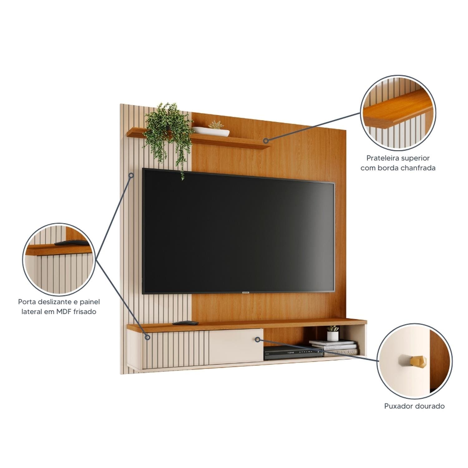 Painel Suspenso para TV Madetec Aurora 160cm Ripado Porta Deslizante - Cinamono/Off White - 3