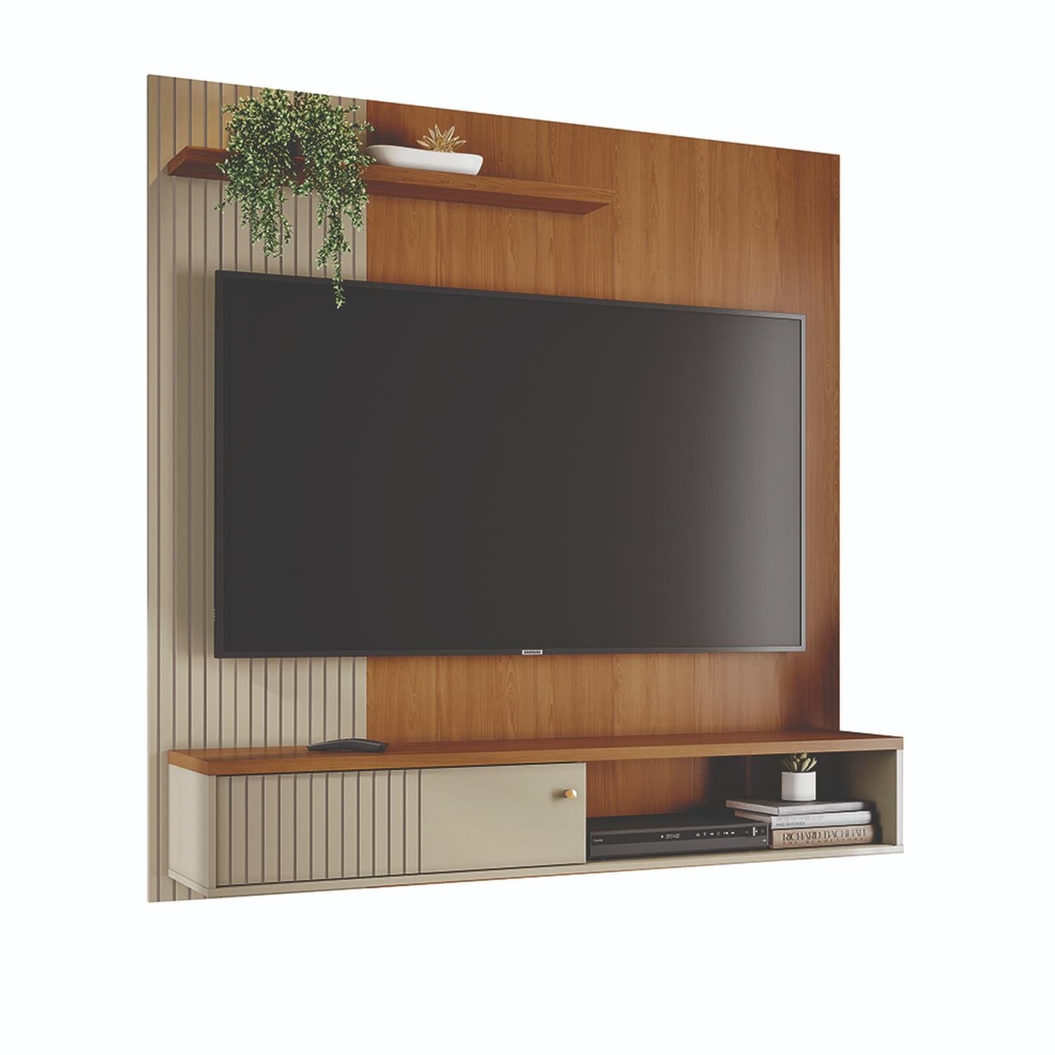 Painel Suspenso para TV Madetec Aurora 160cm Ripado Porta Deslizante - Cumaru/Opala - 1