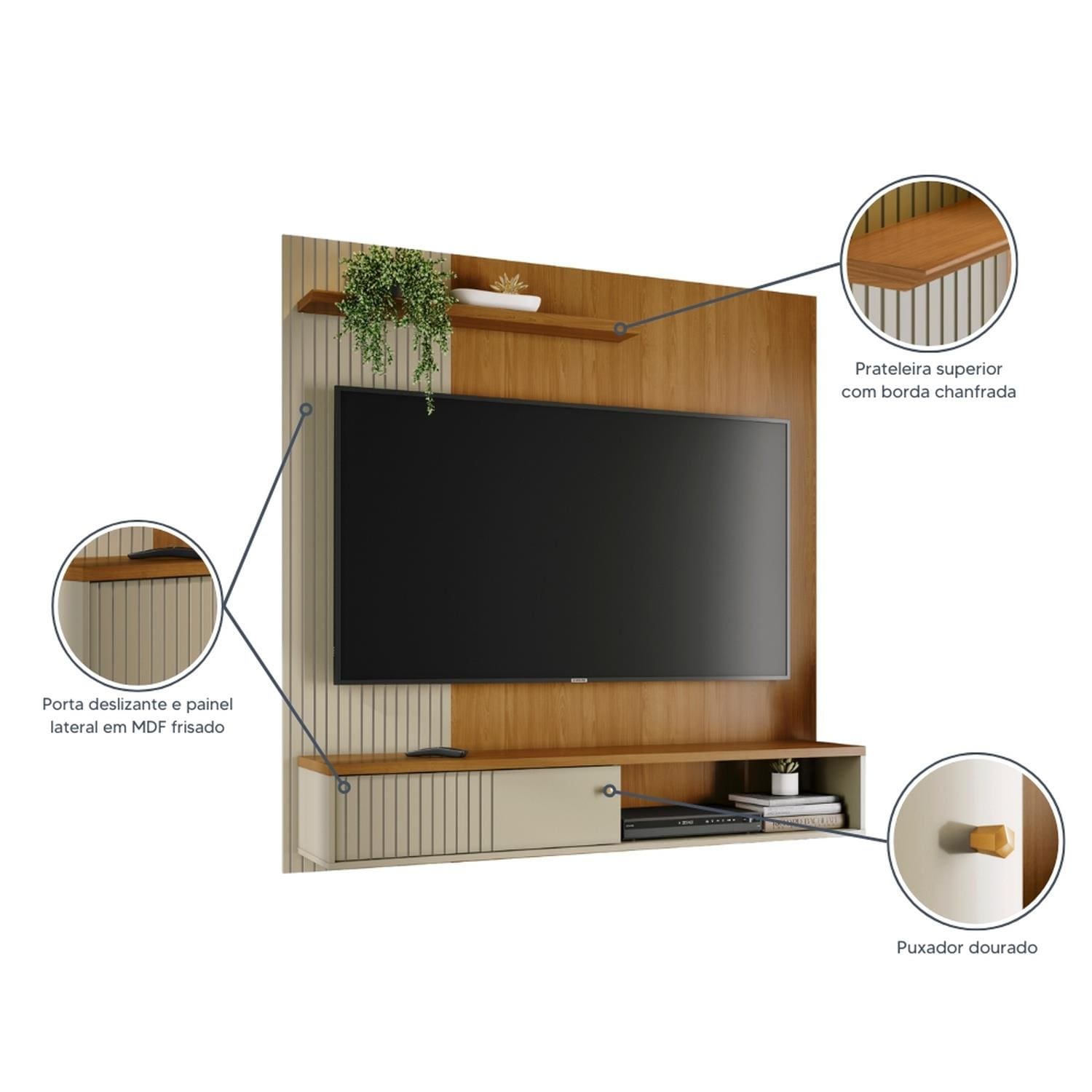 Painel Suspenso para TV Madetec Aurora 160cm Ripado Porta Deslizante - Cumaru/Opala - 3