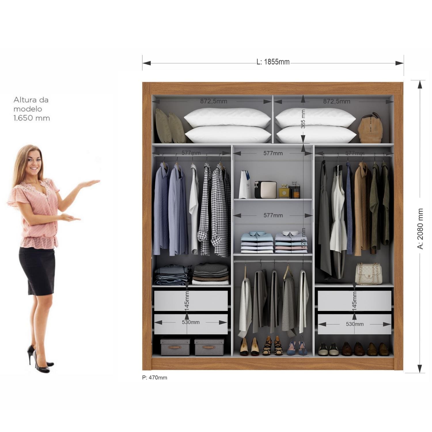 Guarda-Roupa Casal Maxel Móveis Residence 208x185cm 3 Portas de Correr 4 Gavetas - Cinamomo/Off White - 3