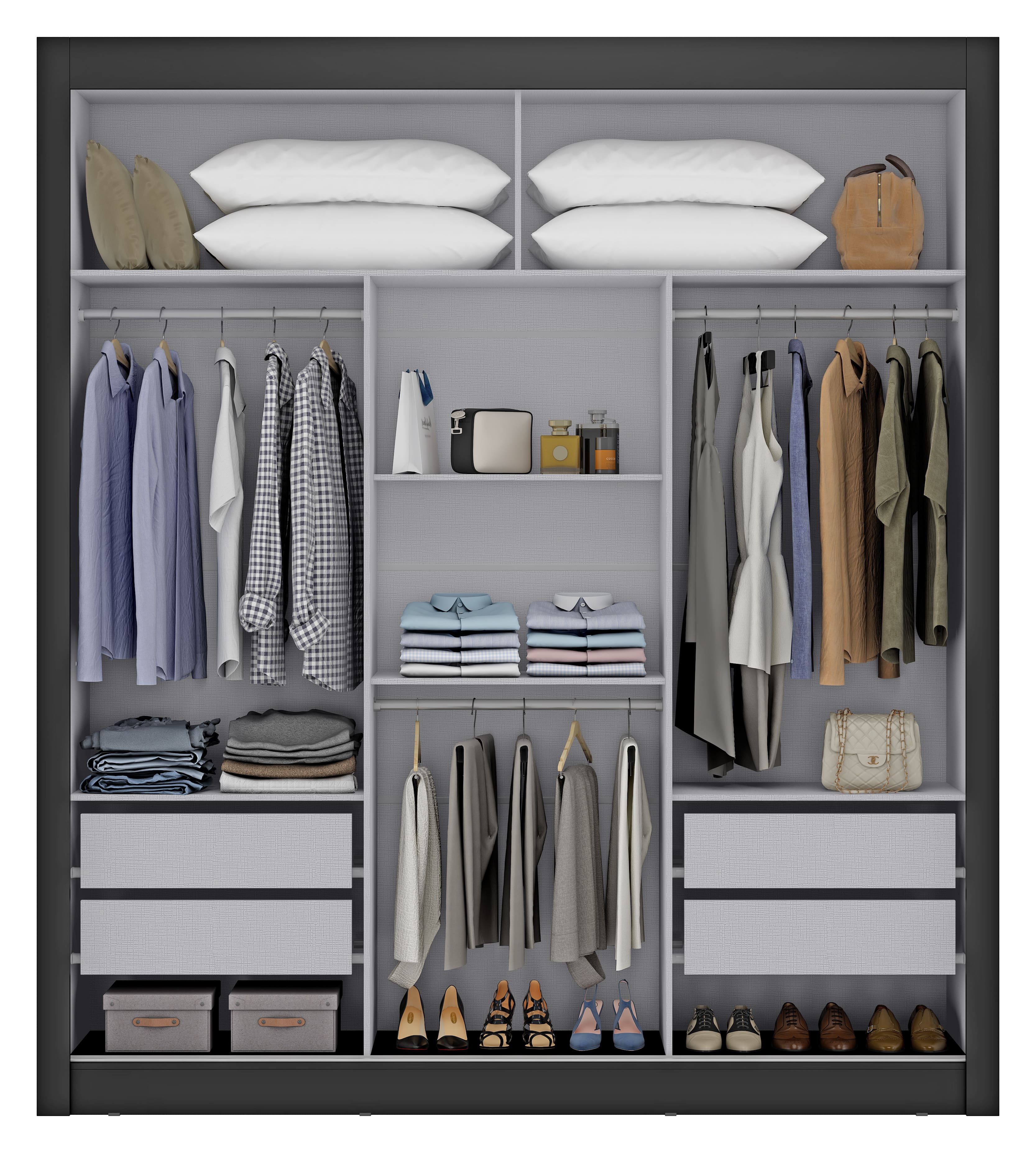 Guarda-Roupa Casal Maxel Residence 208x185x47cm 3 Portas de Correr 4 Gavetas Espelho - Preto - 2